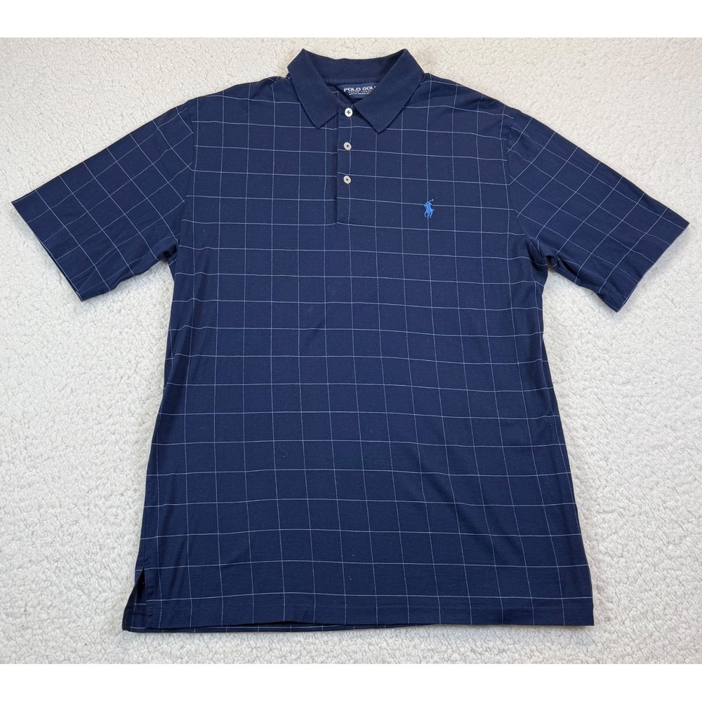 Polo Golf Ralph Lauren Mens Navy Blue Windowpane Check‎ Polo Shirt Size M Cotton